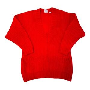 Mixed Blues Mohair Sweater Womens Small Red Oversized Fuzzy V-Neck Vintage Knit